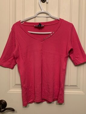 Pink 3/4 Sleeve V- Neck Karen Scott Top Y2k